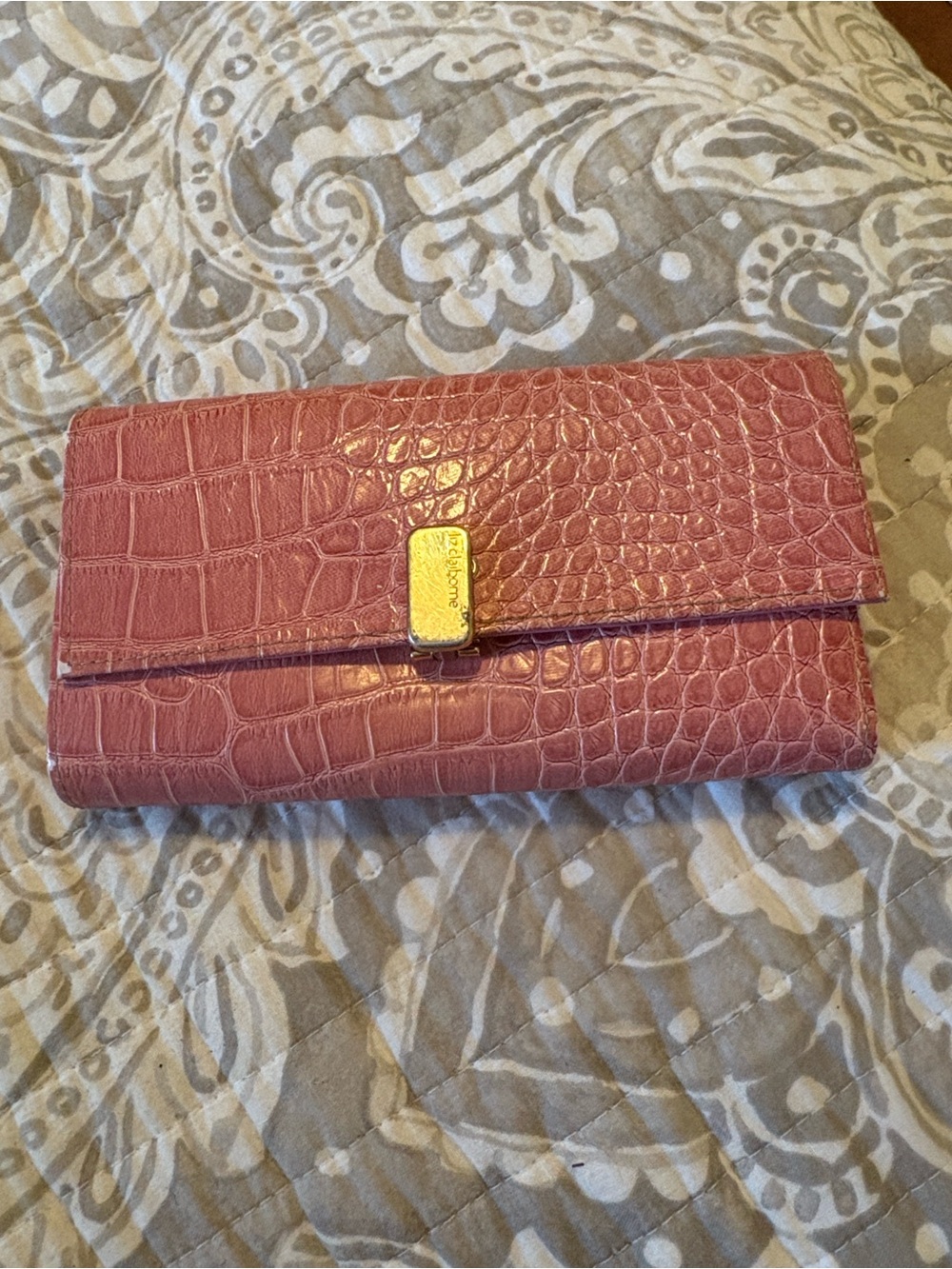 Liz Claiborne Rose Pink Faux Croc Fold-Over Clutch Wallet with Gold Accent